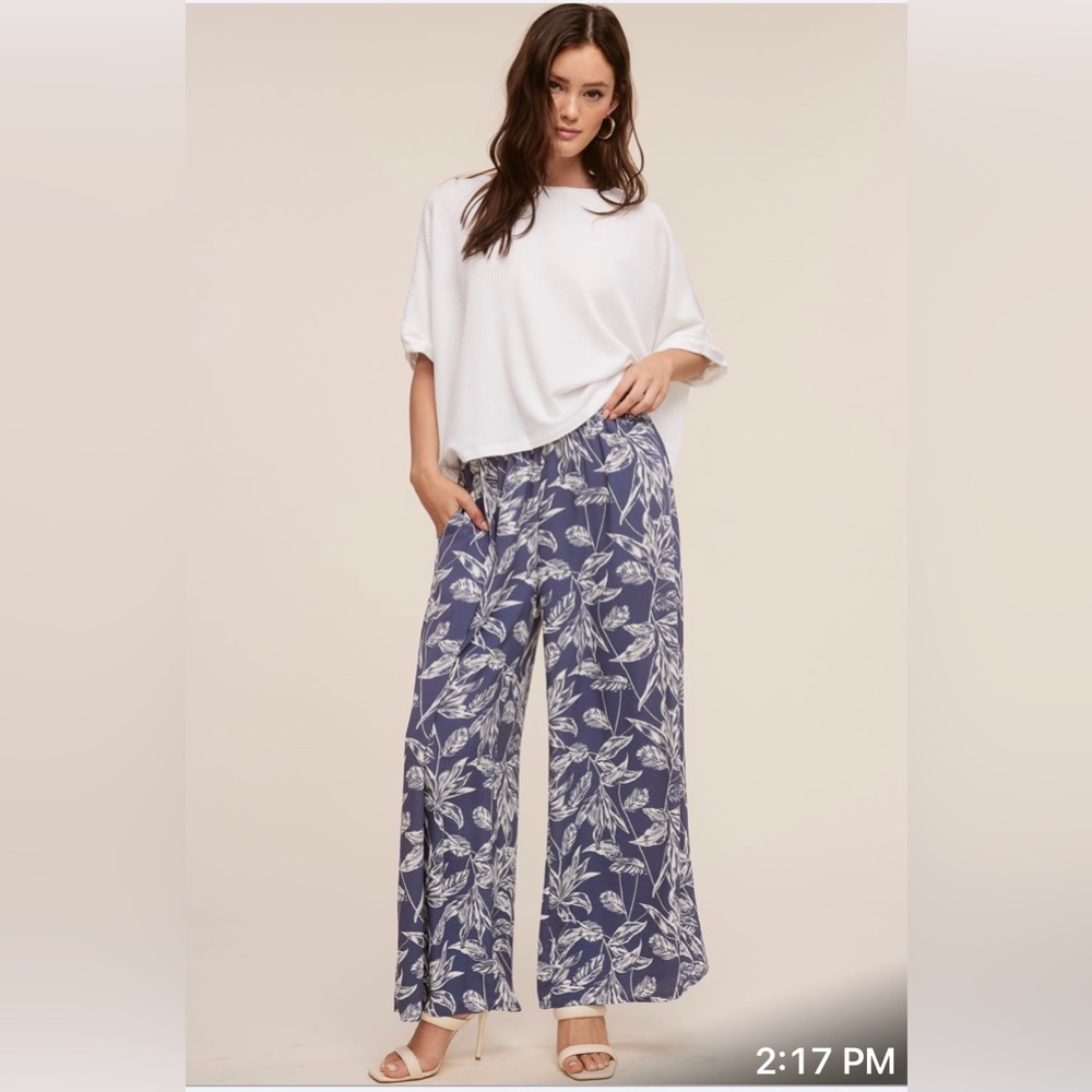 Blue flower pattern pants/Beach style wide leg